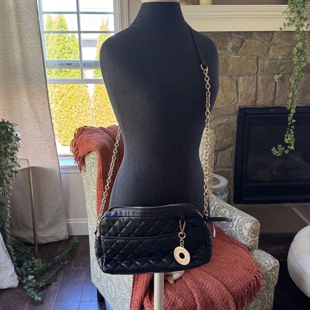 Isaac Mizrahi Black Quilted Crossbody Bag with Gold Chain